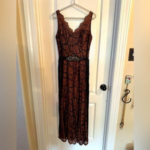 Cache Formal Black Lace Dress with Satin Rust Underlay - Size 6